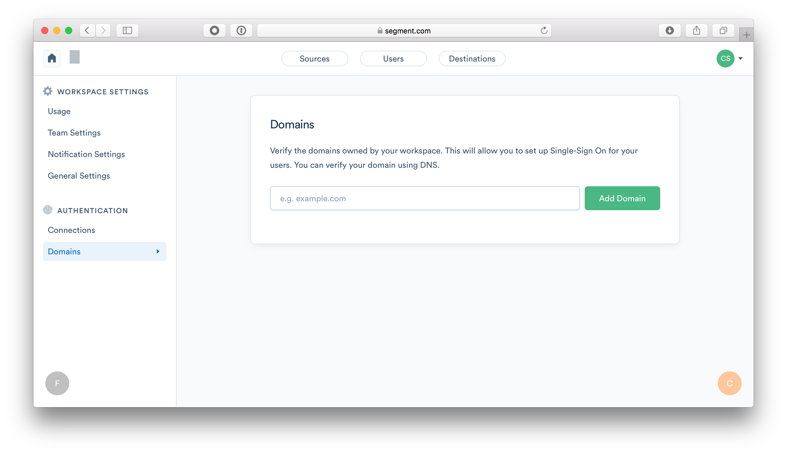Screenshot of the Domains page under the Authentication section of the Workspace Settings.