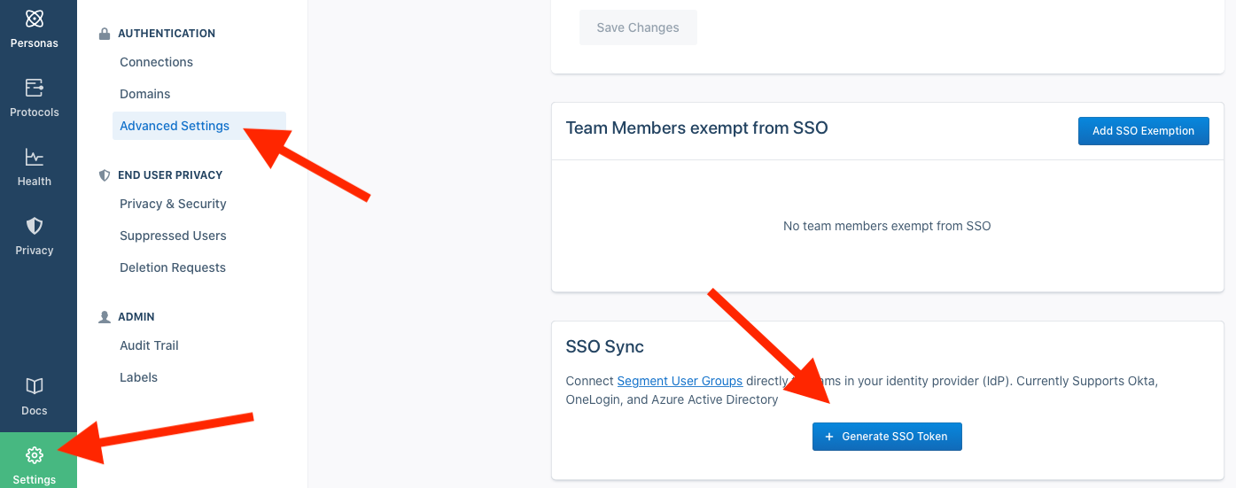 Screenshot of the Segment settings sidebar, with Advanced Settings selected.