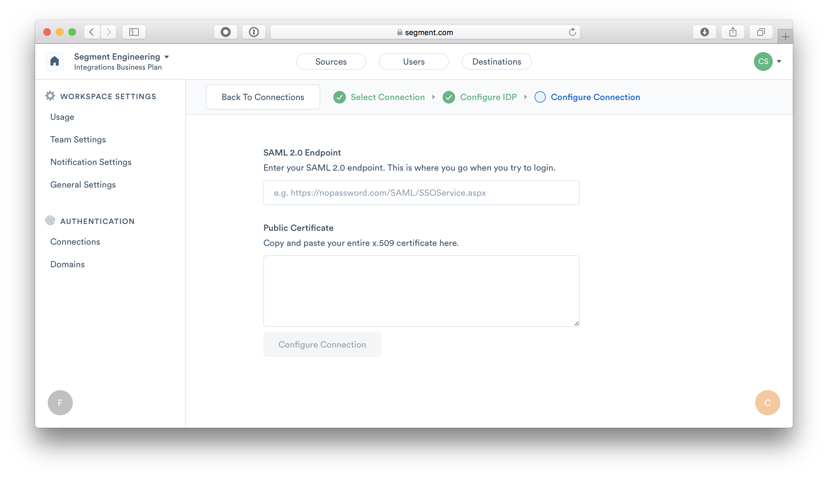 Screenshot of the Segment Configure Connection screen.