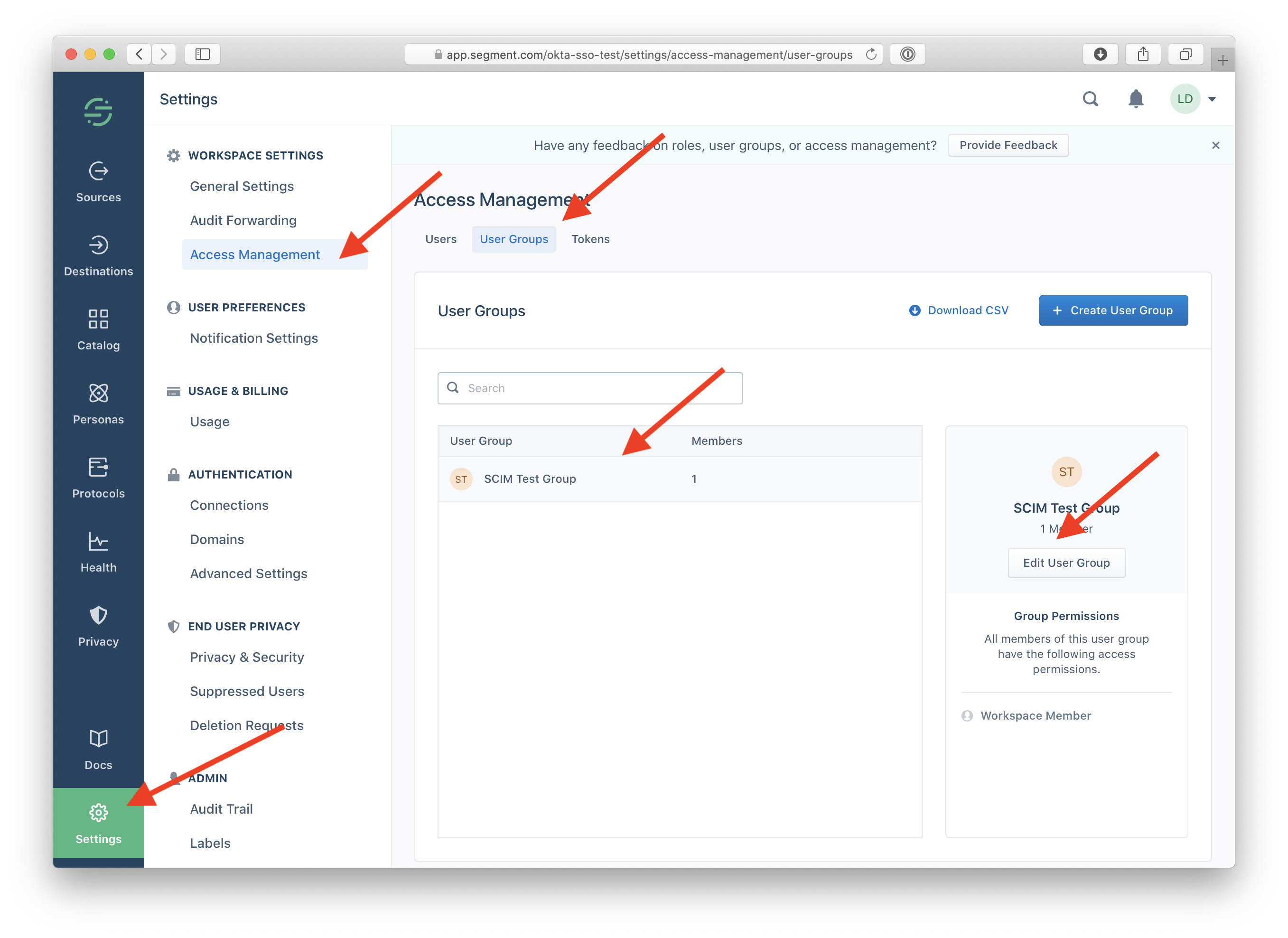 Screenshot of the Segment Settings page, with the Access Management and User Groups tabs selected, and the user group created in the steps above present on the page.